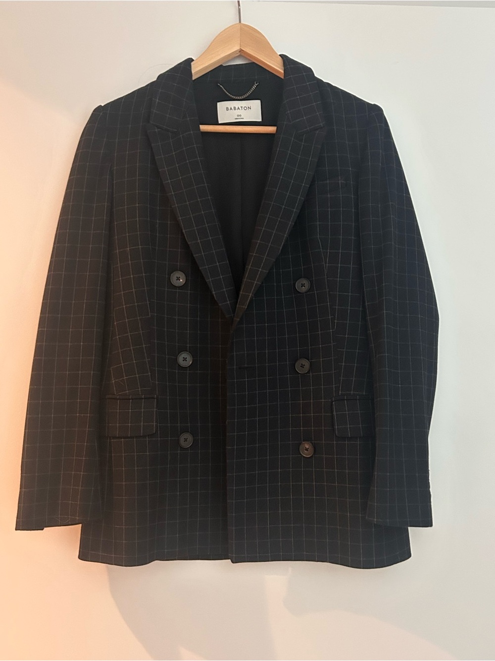 Babaton Navy Windowpane Double-Breasted Blazer with Subtle White Check